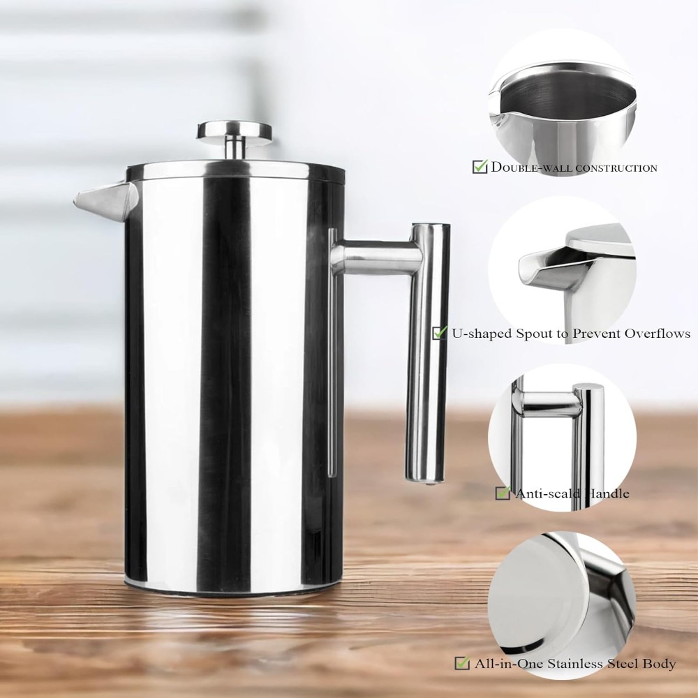 French Press Coffee & Tea - Cafeteira French Press, aço inoxidável 304